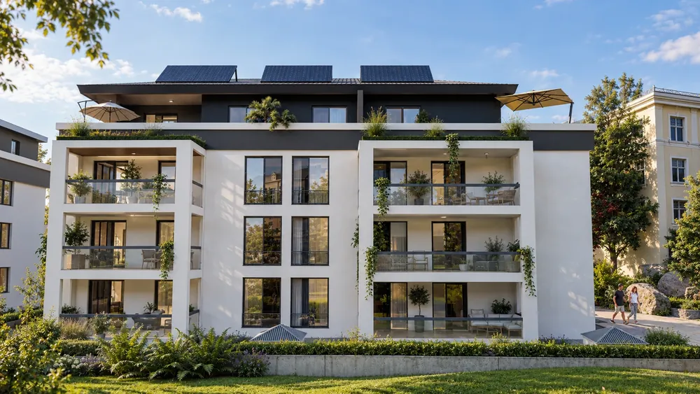 Frontansicht eines modernen Mehrfamilienhauses