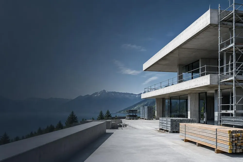 Moderner Rohbau in Schweizer Berglandschaft