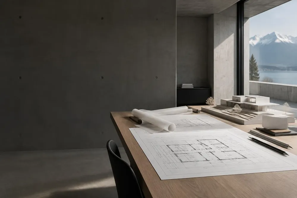 Architekturpläne und Gebäudemodell im Atelier